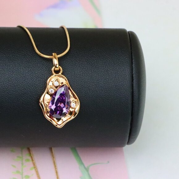 "Elegant Purple Teardrop Pendant in Gold Plated Frame, XPPT1734 - Picture 3 of 13